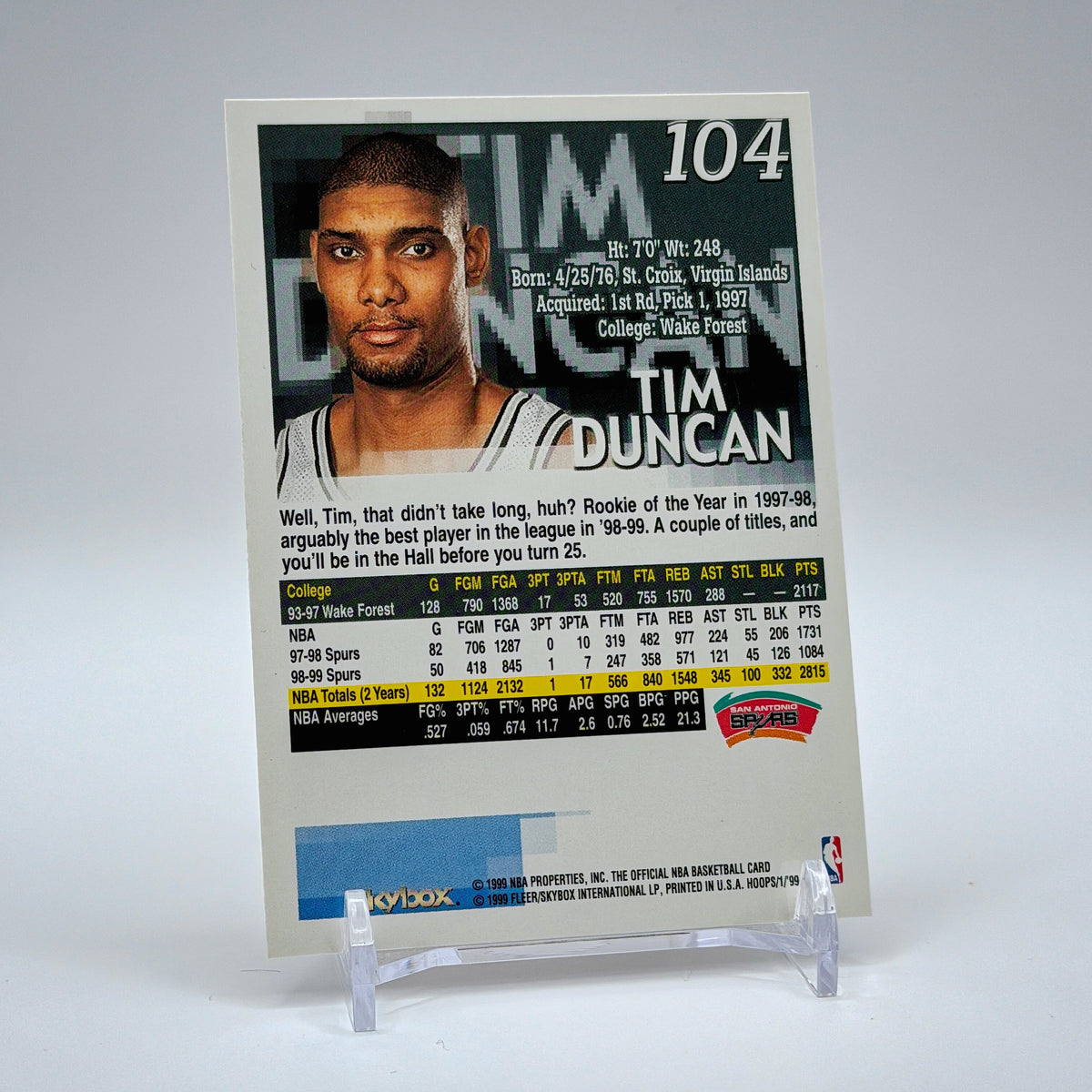 Tim Duncan – 1999-00 SkyBox Hoops Base #104 – San Antonio Spurs - back