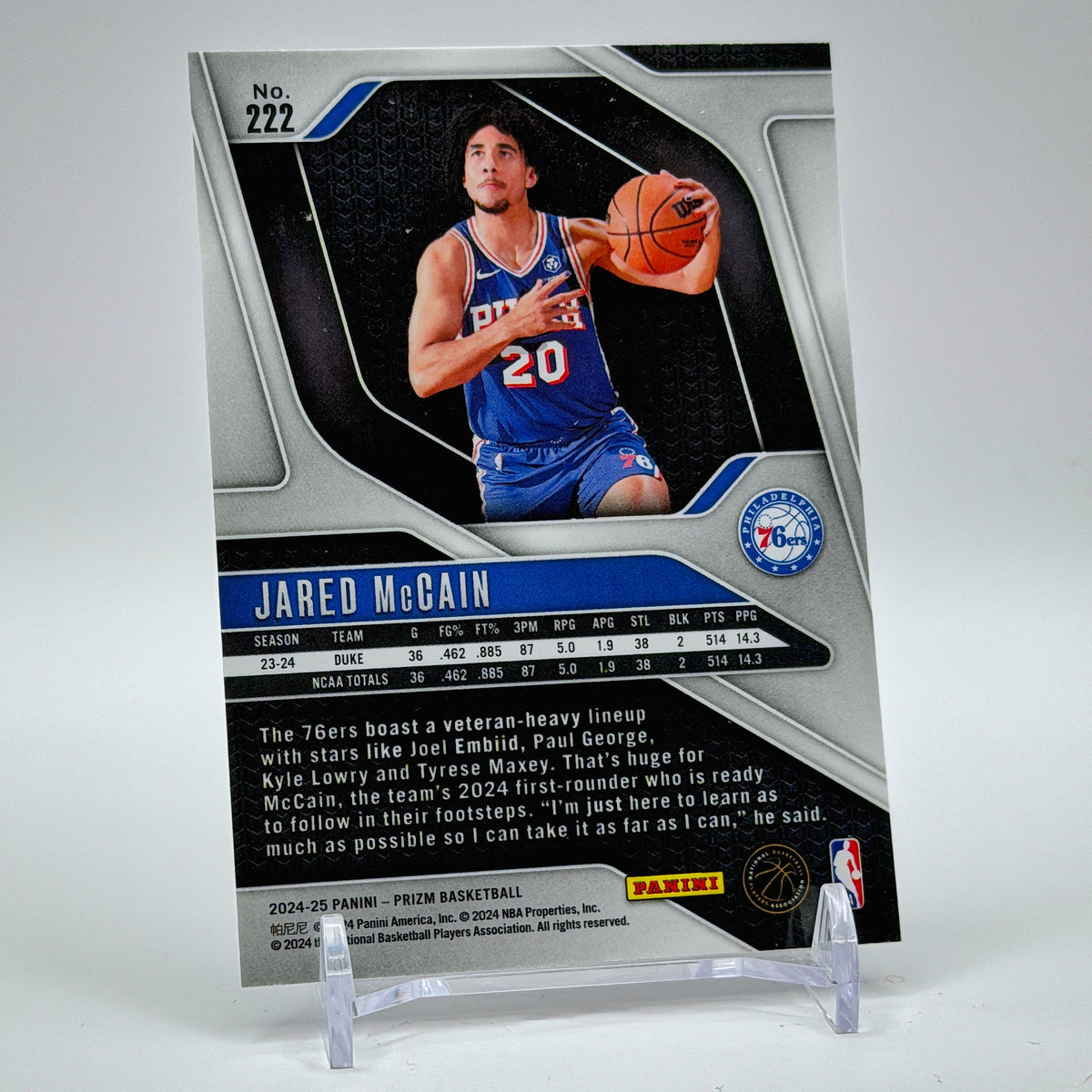 Jared McCain – 2024-25 Panini Prizm Base #222 – Philadelphia 76ers - back