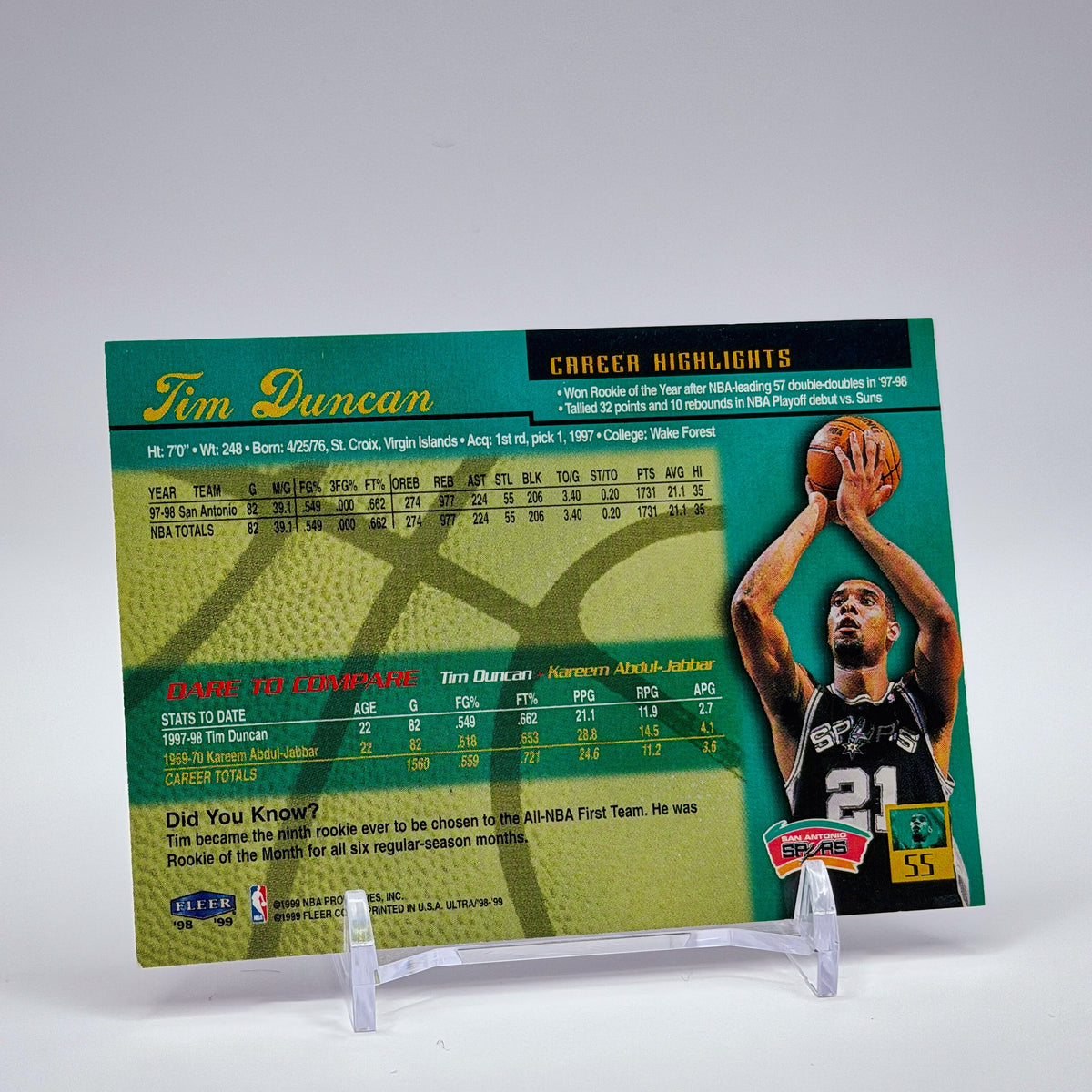 Tim Duncan – 1998-99 Fleer Ultra Base #55 – San Antonio Spurs - back