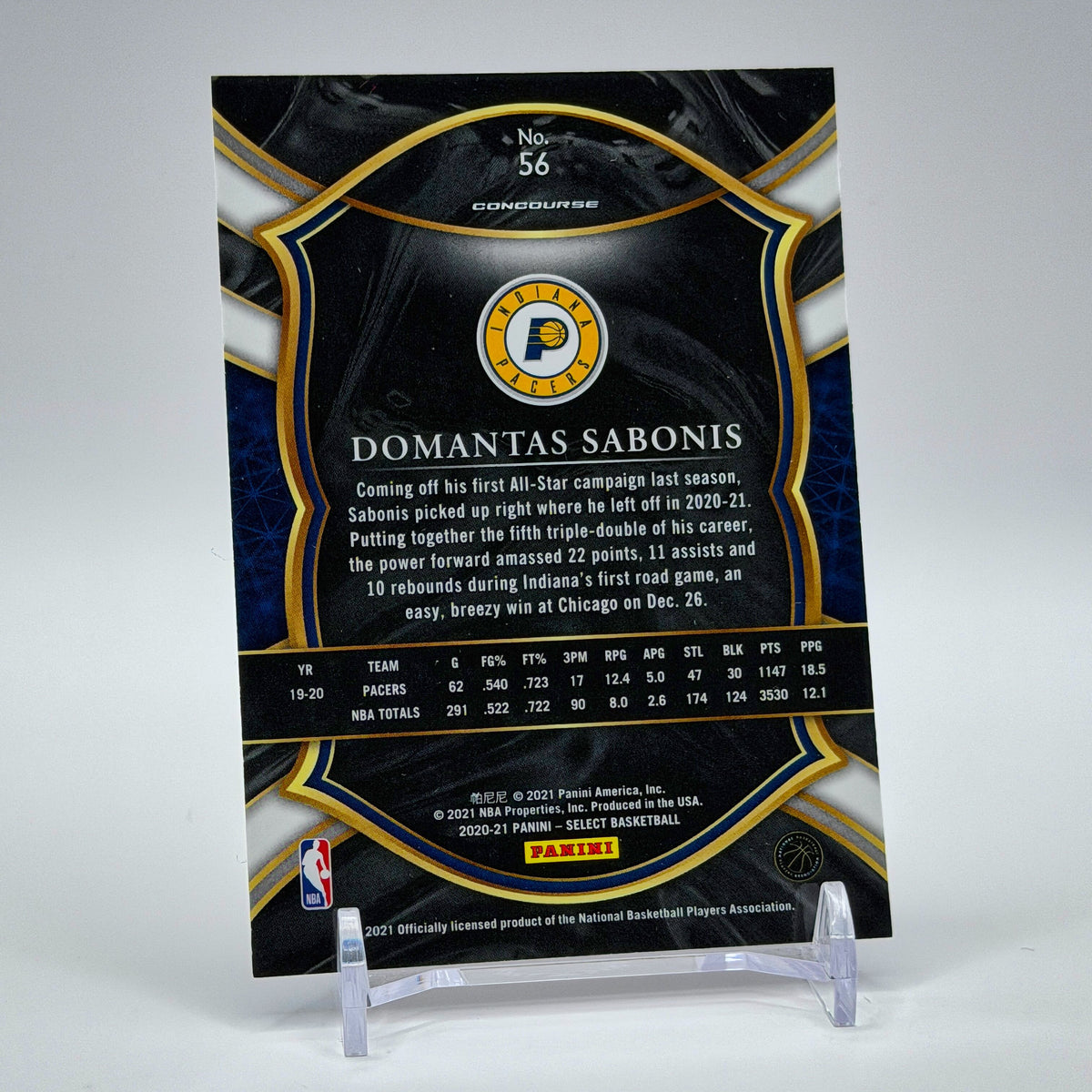 Domantas Sabonis – 2020-21 Panini Select Concourse Blue Retail Base #56 – Indiana Pacers - back