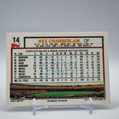 Wes Chamberlain – 1992 Topps Base #14 – Philadelphia Phillies - back