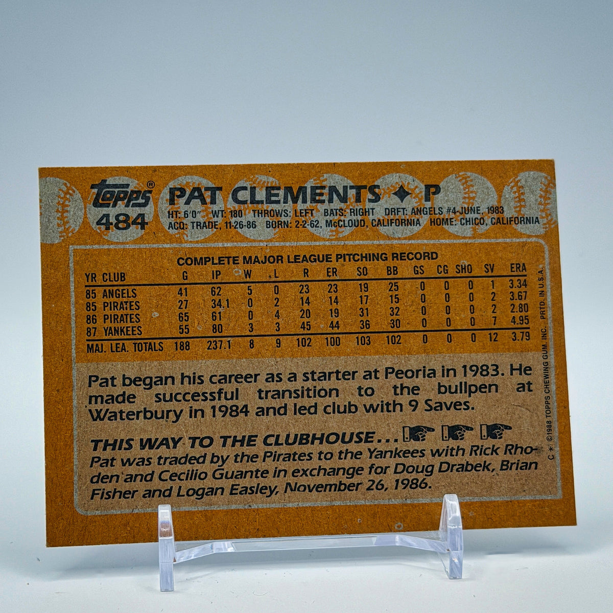 Pat Clements – 1988 Topps Base #484 – New York Yankees - back